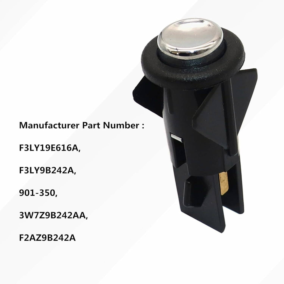 Black fuel door release switch with round chrome button and connector tabs