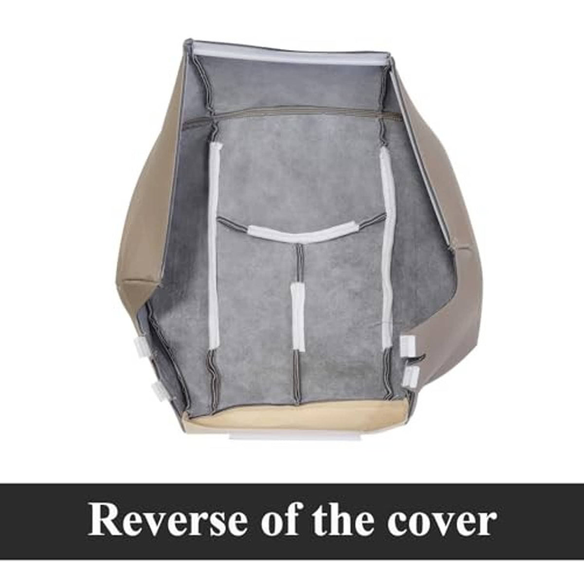 Reverse side of tan seat bottom cover with gray backing and strap attachment loops