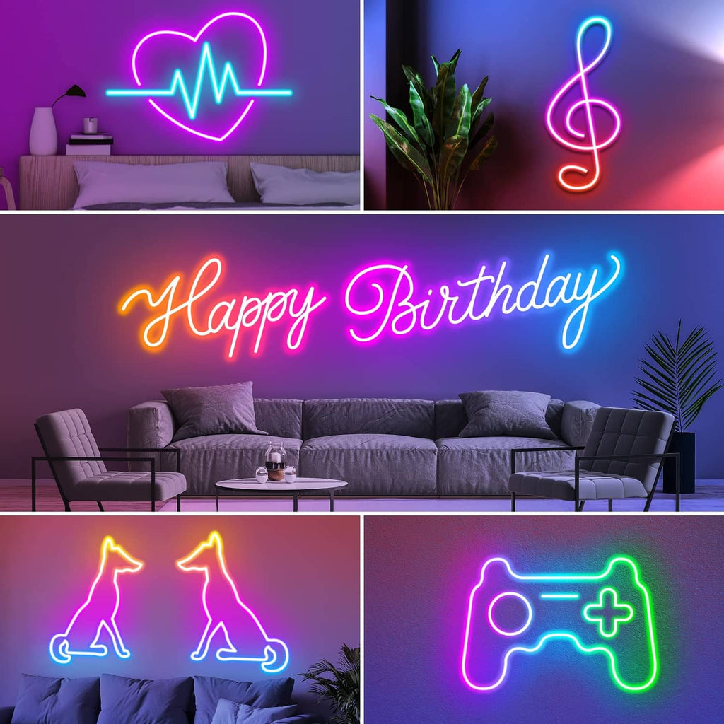 RGB LED neon rope lights with heart, music, and controller icons in glowing lines