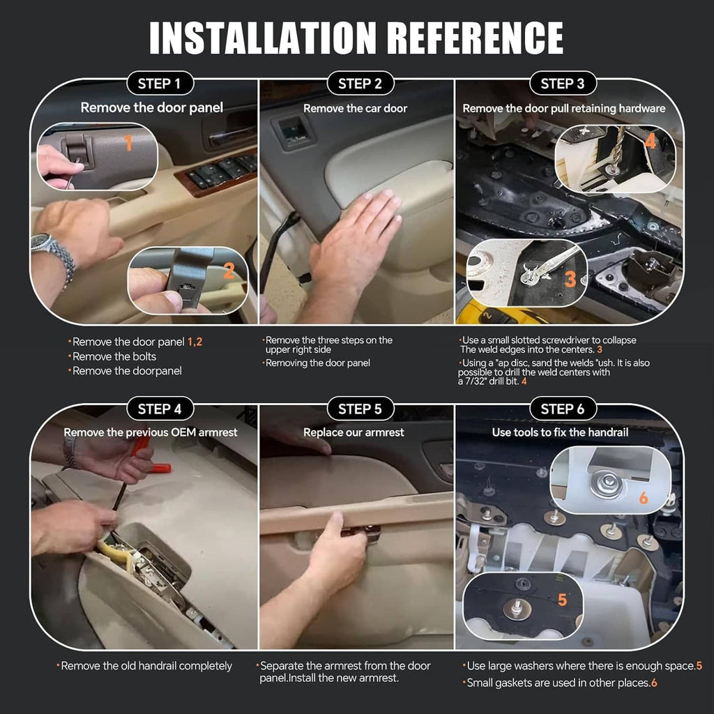 Door panel handle armrest repair installation reference steps with tools and fasteners