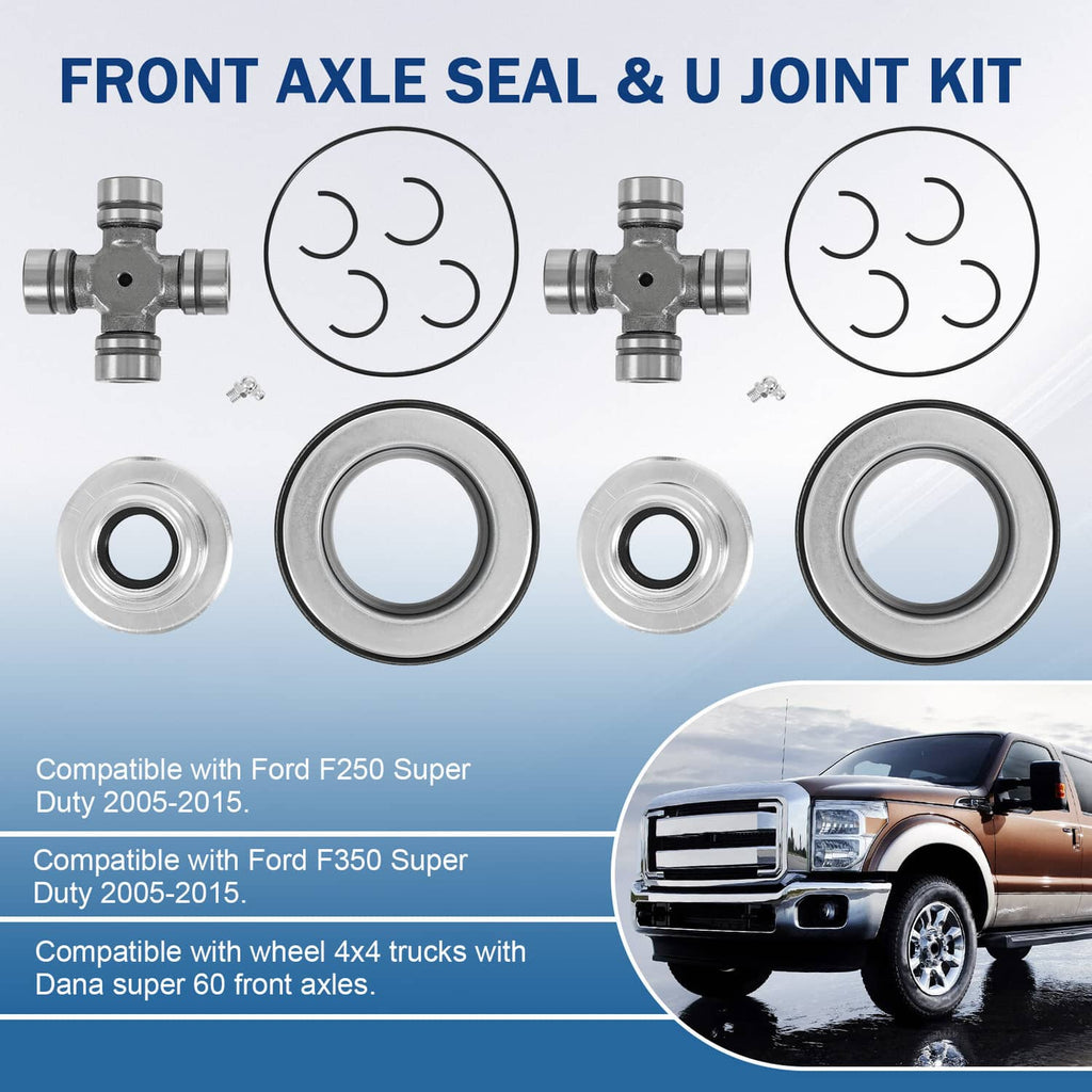 Front axle seal and greaseable U-joint kit with four seals and cross U-joint assemblies