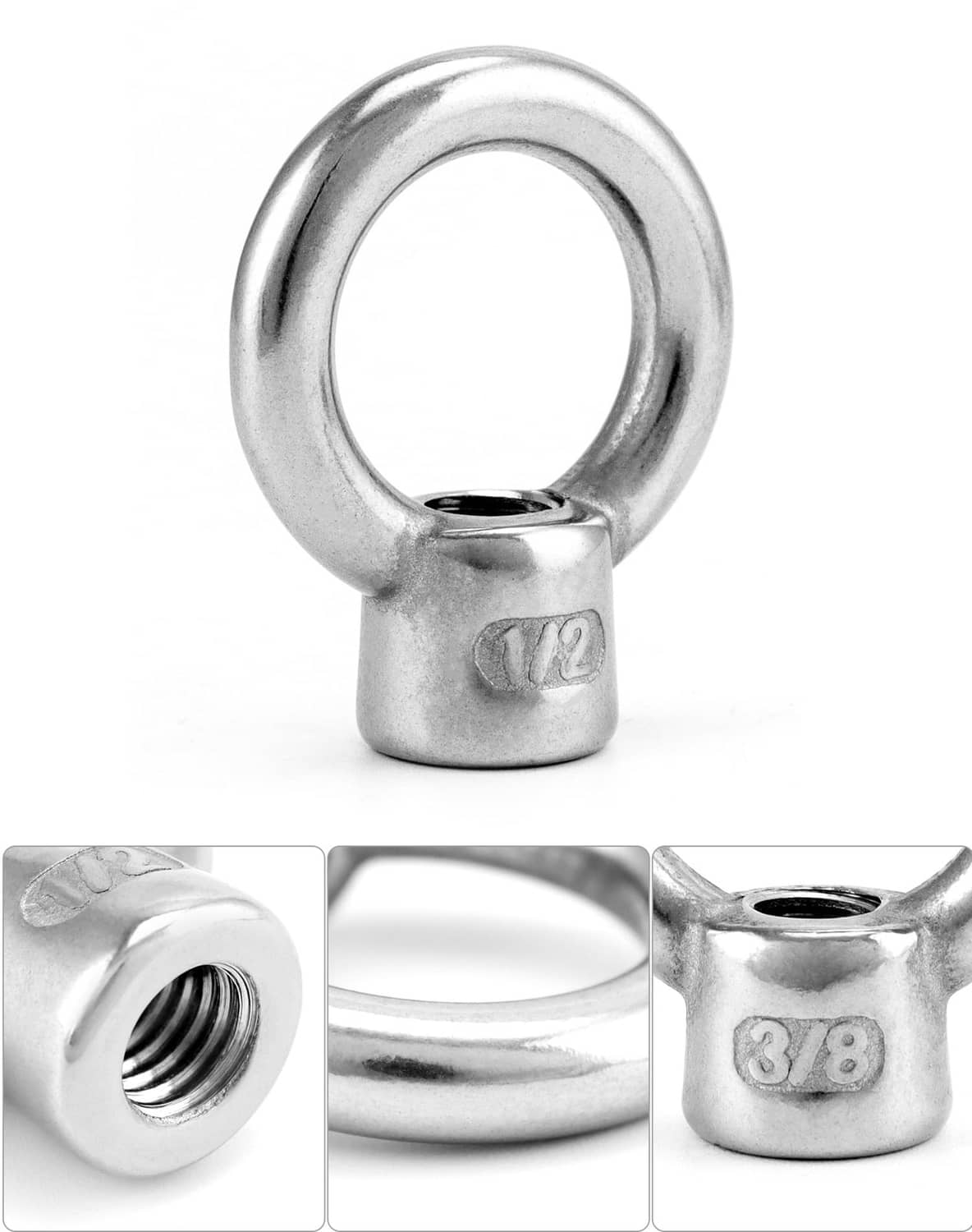Stainless lifting eye nut close-up, 1/2 in UNC thread, with inset views