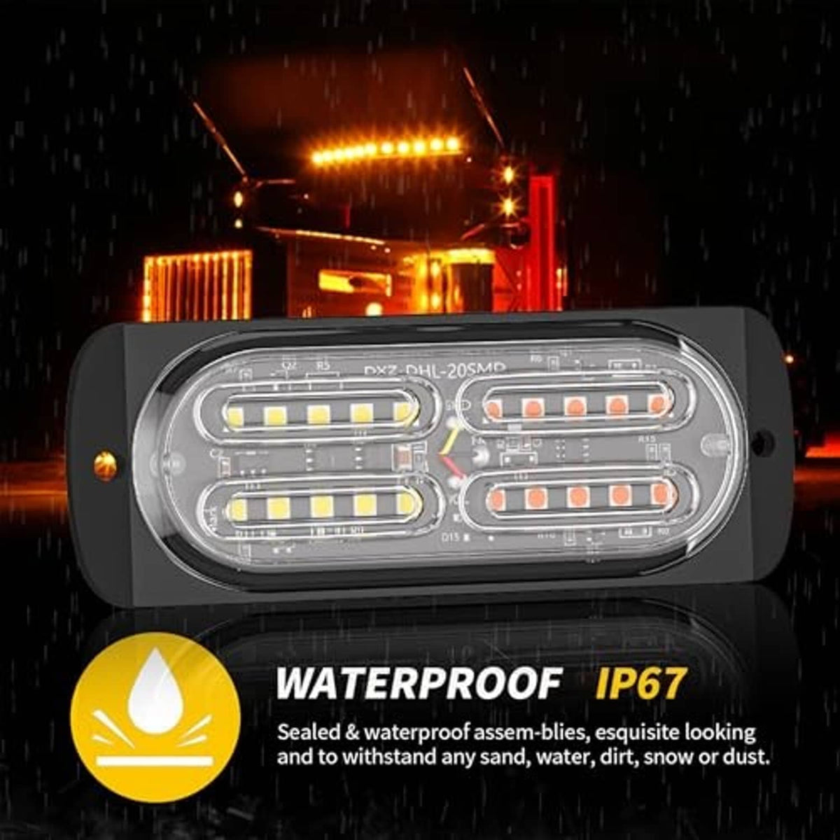 Oval LED strobe light bar with amber and white LEDs glowing in black housing