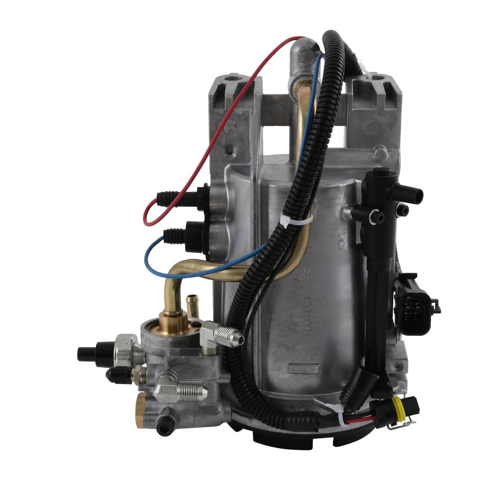 Fuel filter housing assembly with silver housing, black hoses, and wire harness