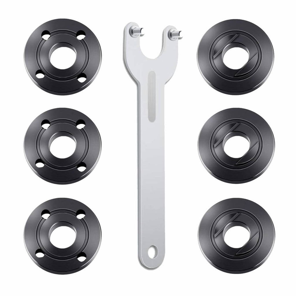 Angle grinder flange lock nut wrench kit with black nut rings and white wrench