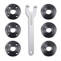 Angle grinder flange lock nut wrench kit with black nut rings and white wrench