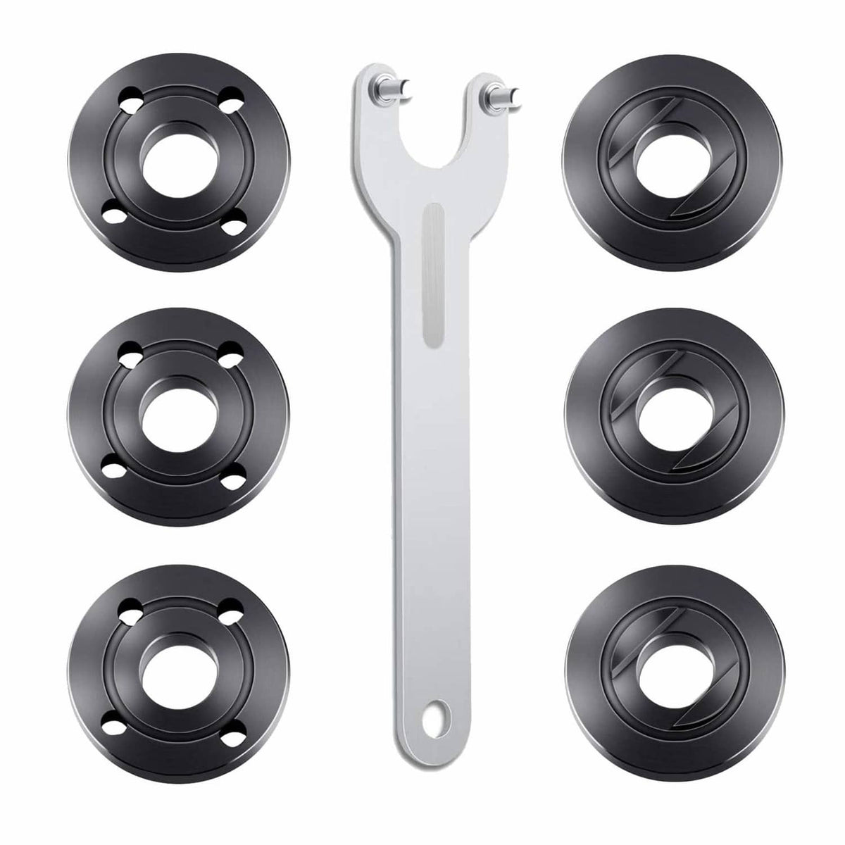 Angle grinder flange lock nut wrench kit with black nut rings and white wrench