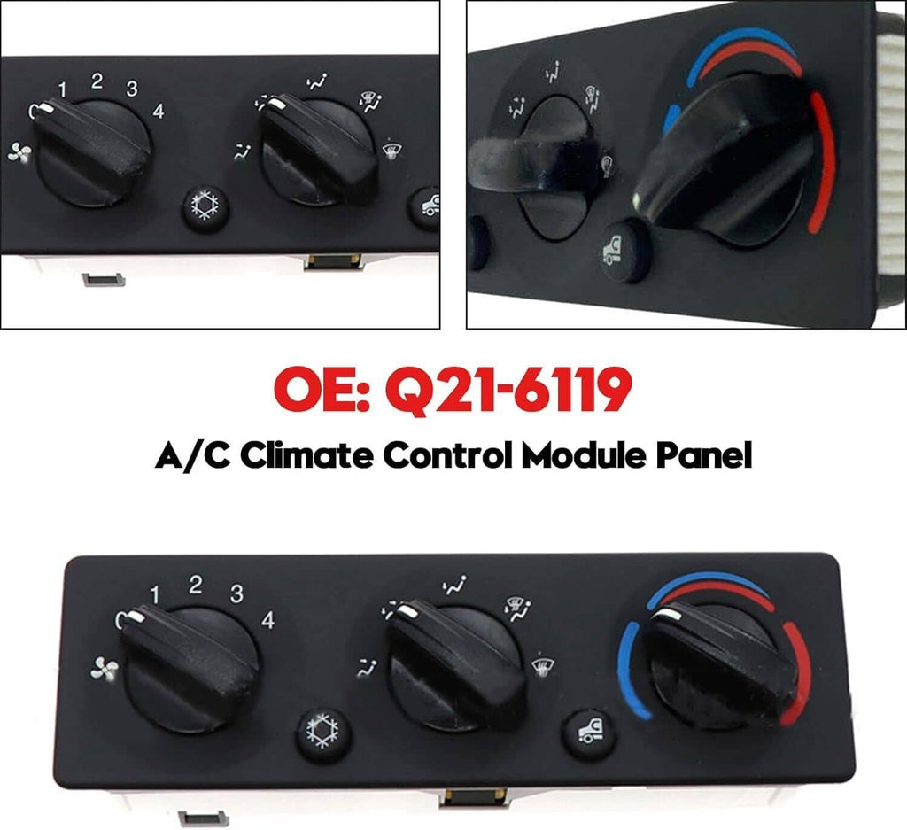 A/C climate control module panel with knob layout and front controls on black face
