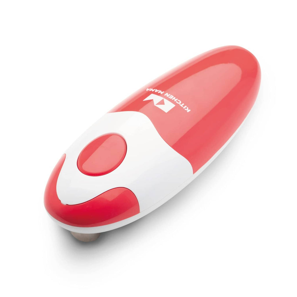 Kitchen Mama auto electric can opener, red and white handheld design with side grip
