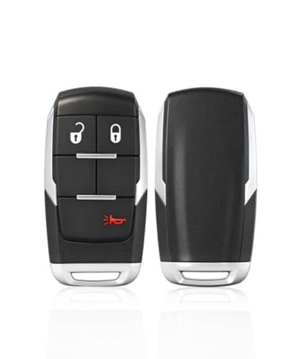 Black proximity smart key fob shown front and back with red logo and silver trim