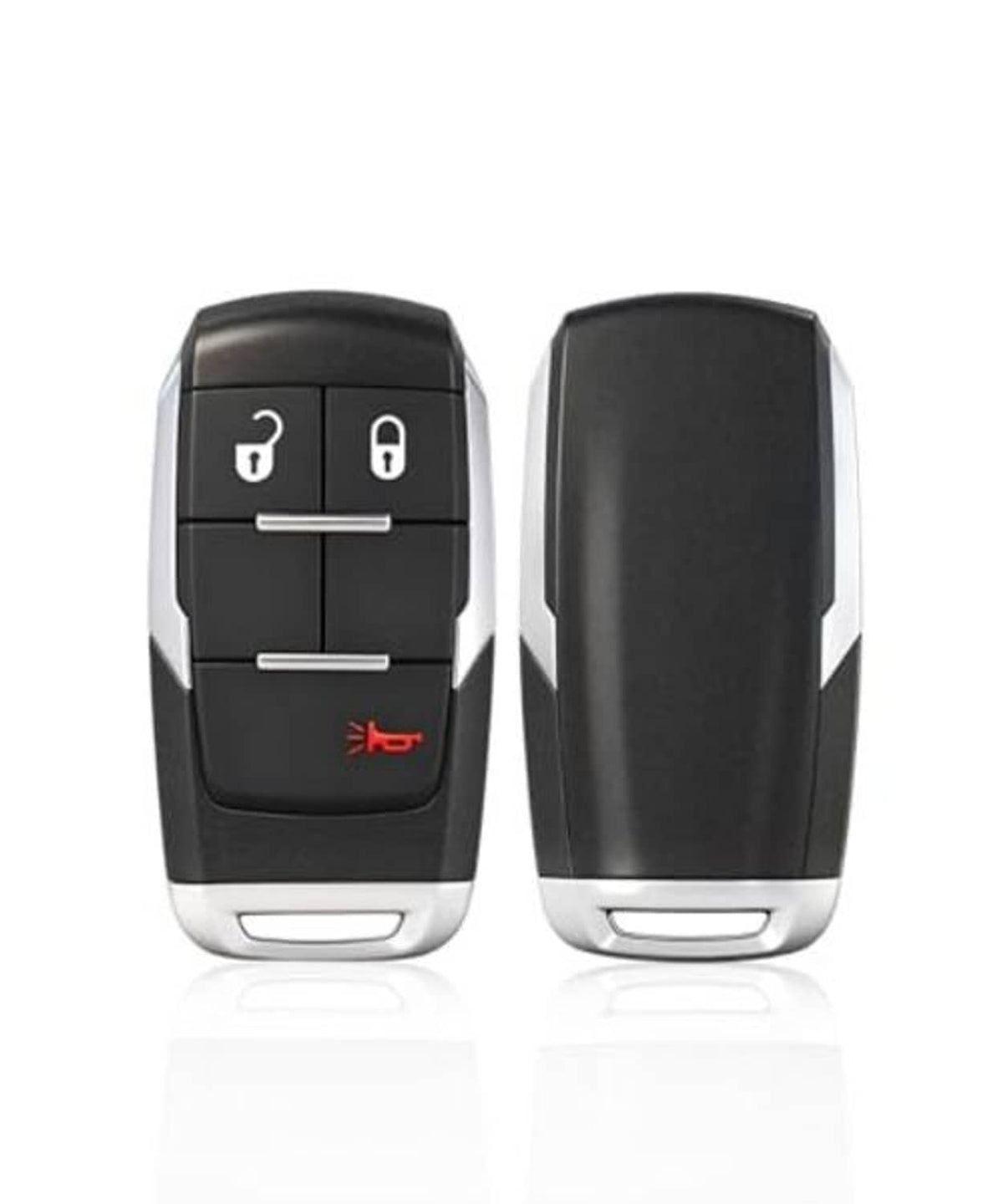 Black proximity smart key fob shown front and back with red logo and silver trim