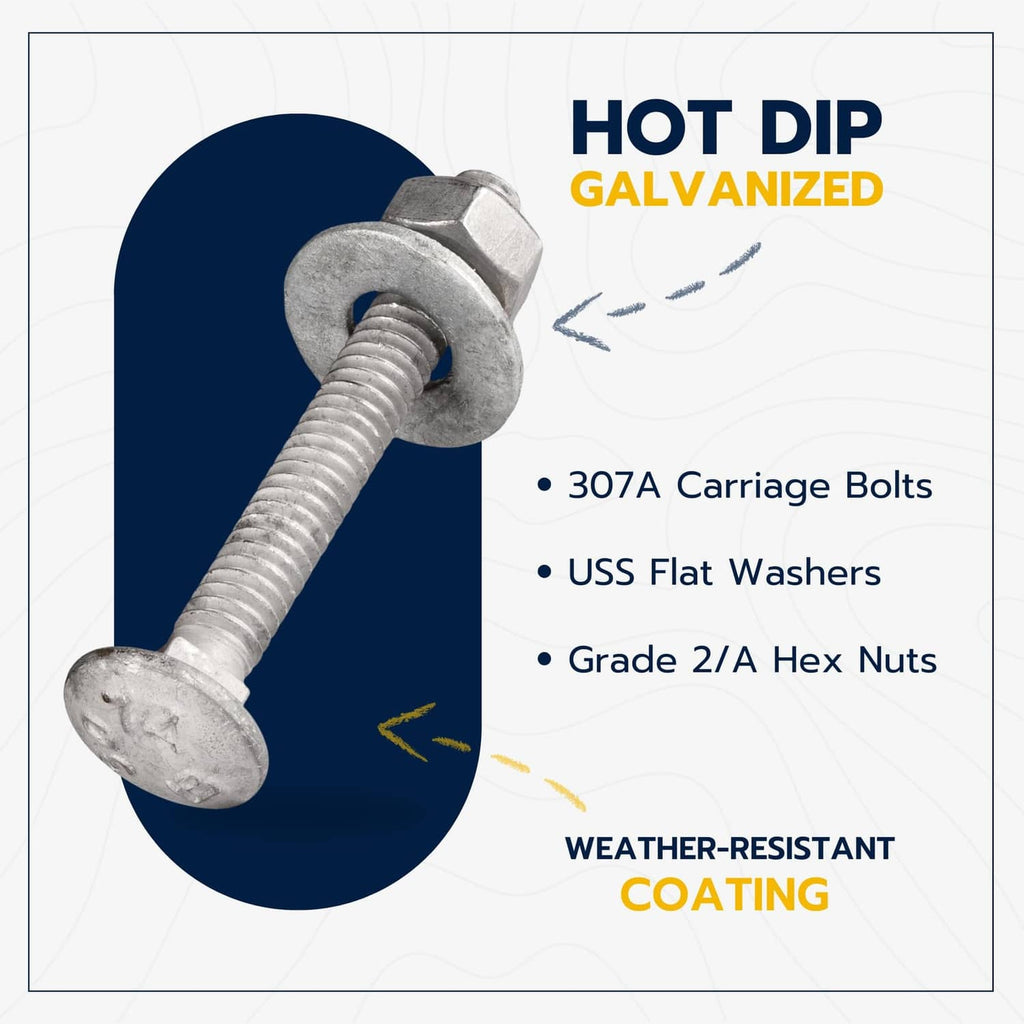 Hot-dip galvanized carriage bolt with washer and hex nut shown in a kit layout