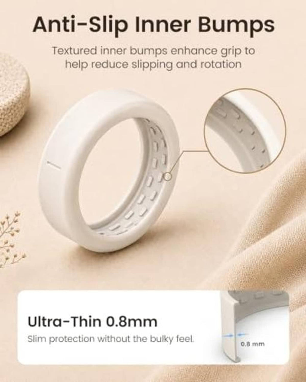 Silicone ring cover with textured inner grip bumps and ultra-thin 0.8mm profile