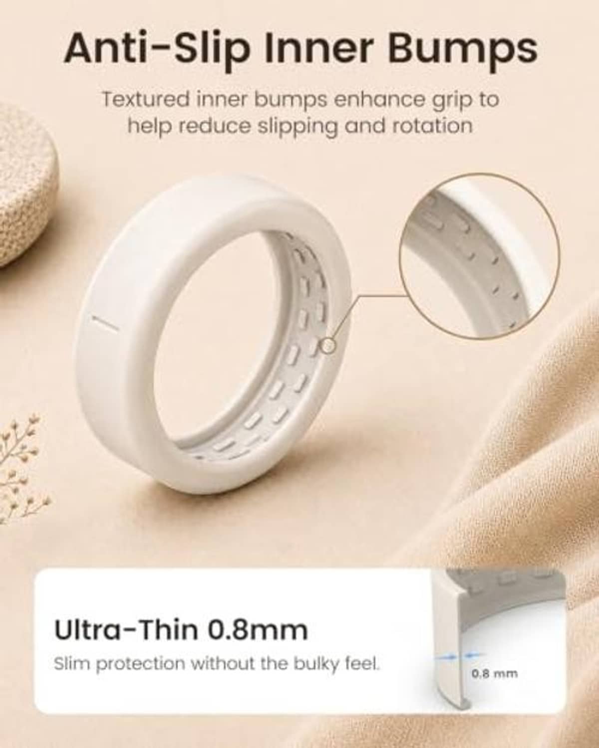 Silicone ring cover with textured inner grip bumps and ultra-thin 0.8mm profile