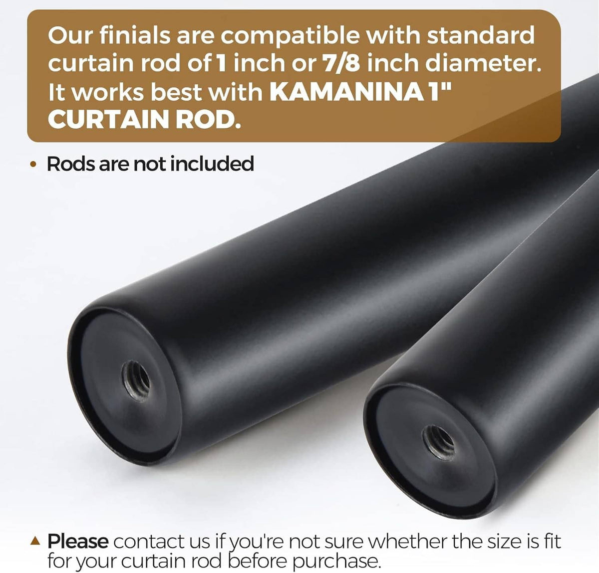 Two black curtain rod replacement end caps with threaded openings