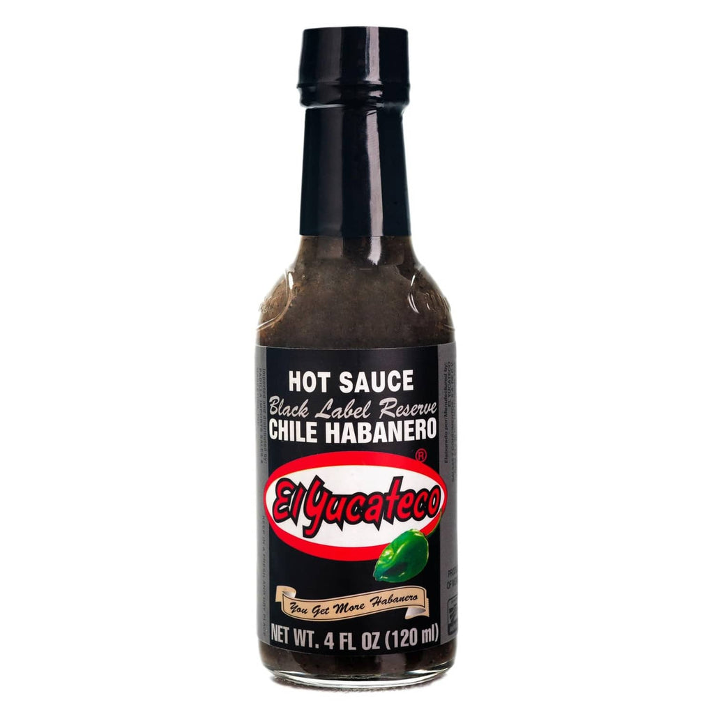 El Yucateco hot sauce bottle, Black Label Reserve, smoky chile habanero, 4 fl oz