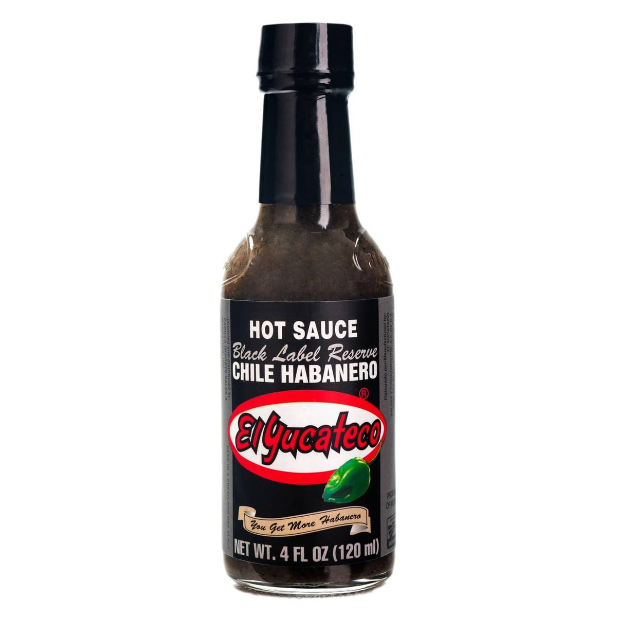 El Yucateco hot sauce bottle, Black Label Reserve, smoky chile habanero, 4 fl oz