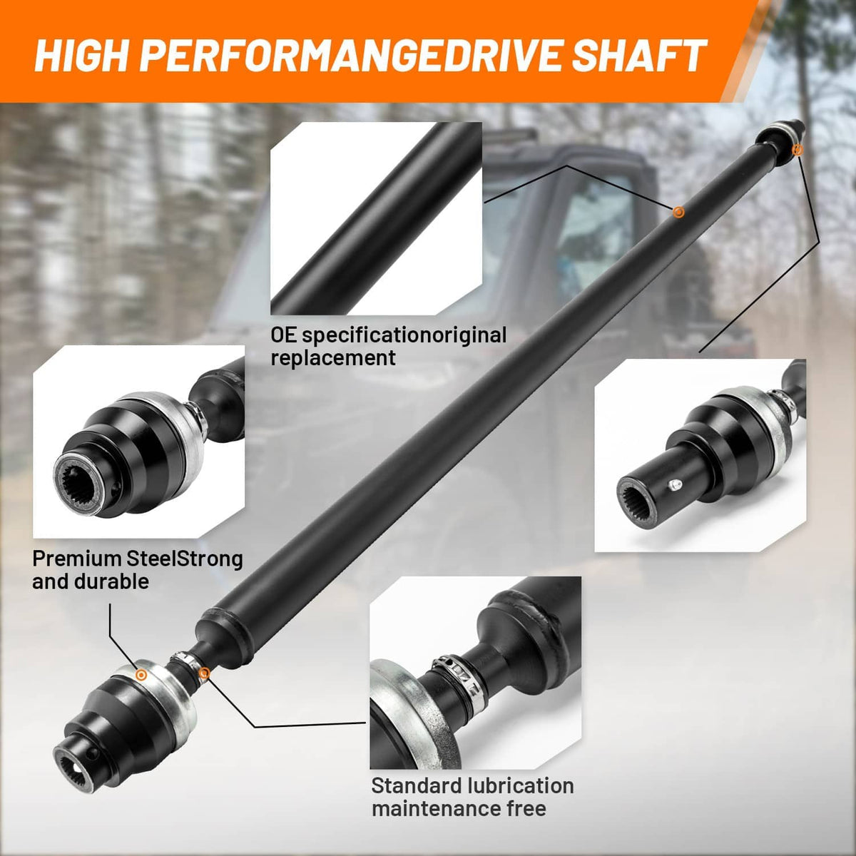 Black drive shaft with multiple coupler joints and smooth metal collar sleeves