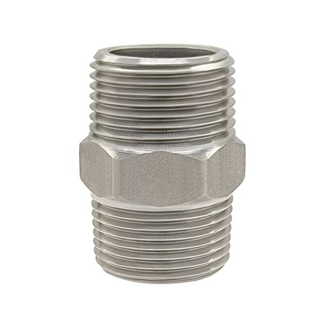 Stainless steel male NPT hex nipple fitting, front view of hex collar and threads