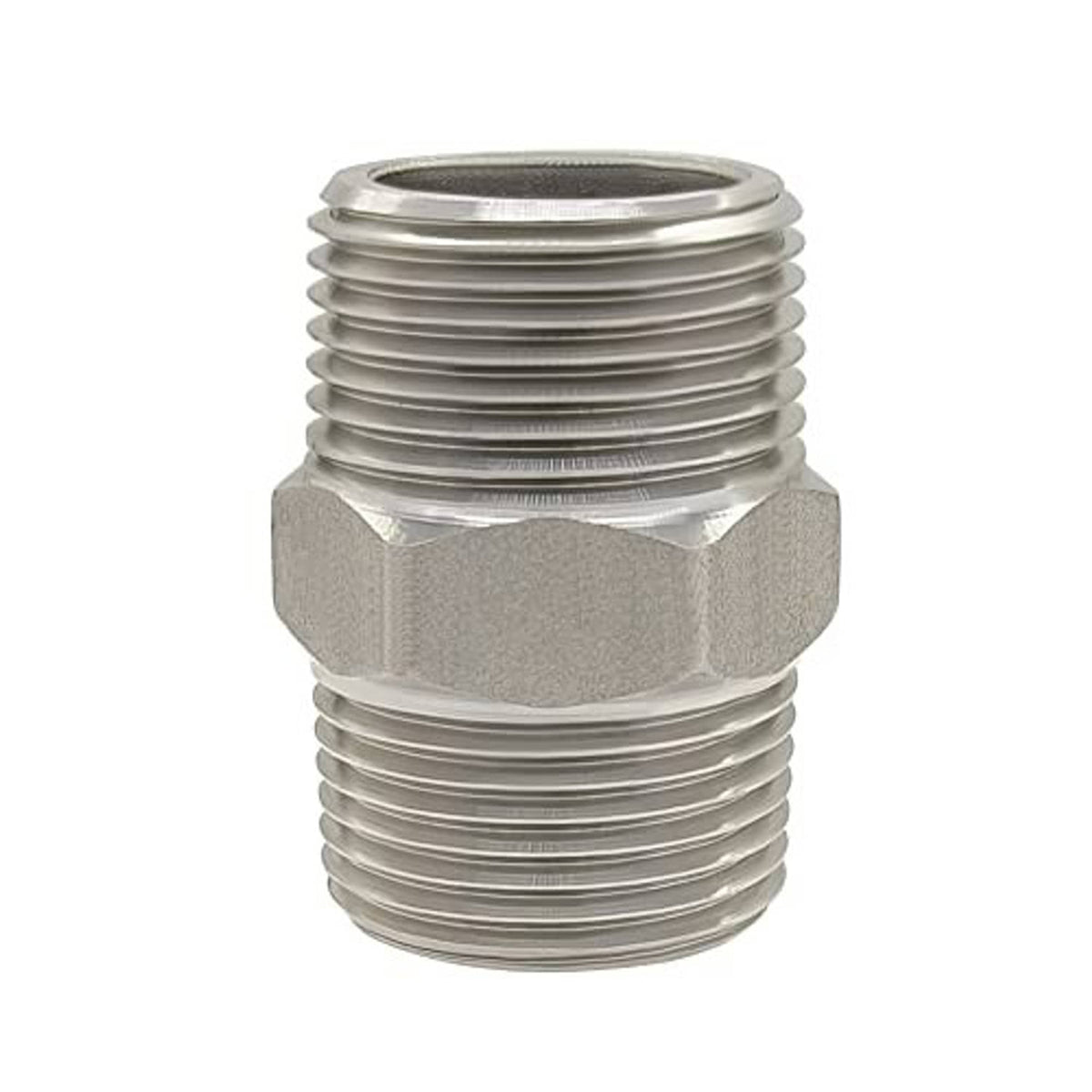 Stainless steel male NPT hex nipple fitting, front view of hex collar and threads