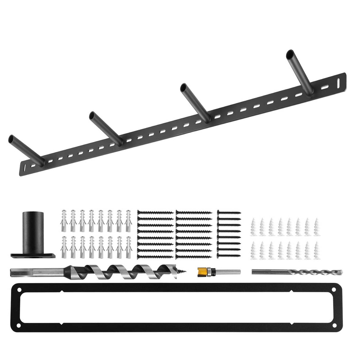 Floating shelf bracket, heavy-duty black steel with perforated mounting holes and rods