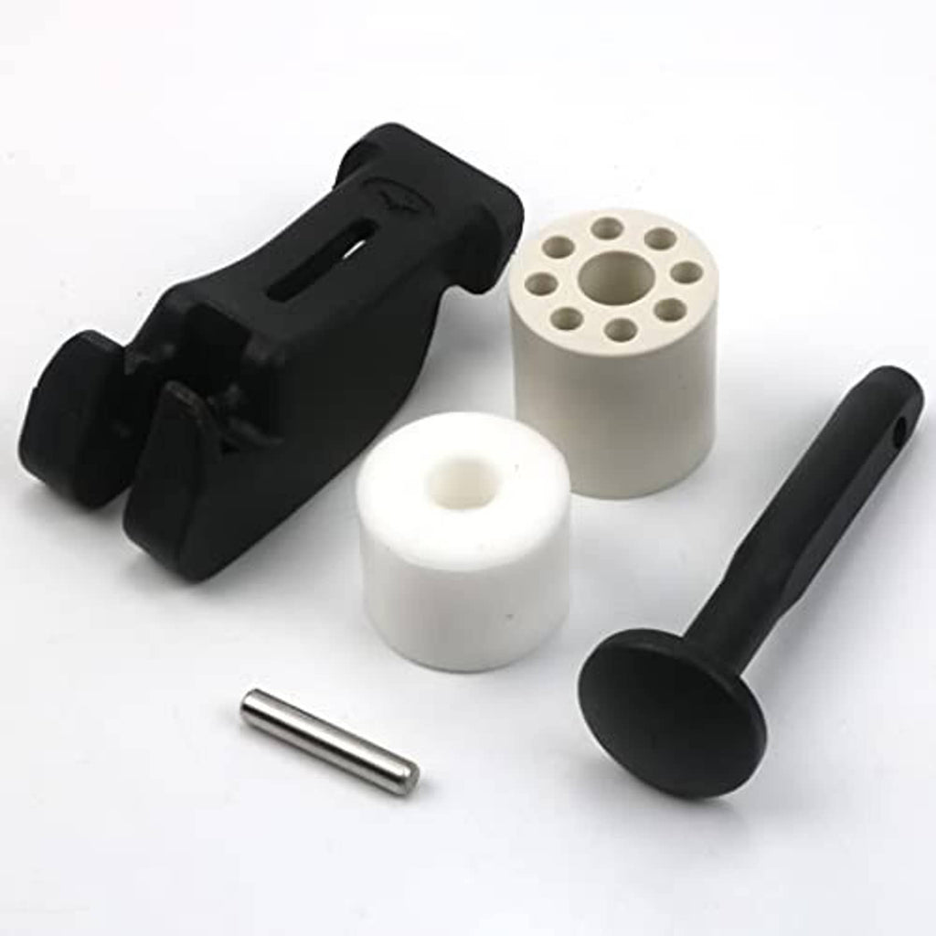 Front storage rack latch hardware set: black latch, white spacers, metal pin