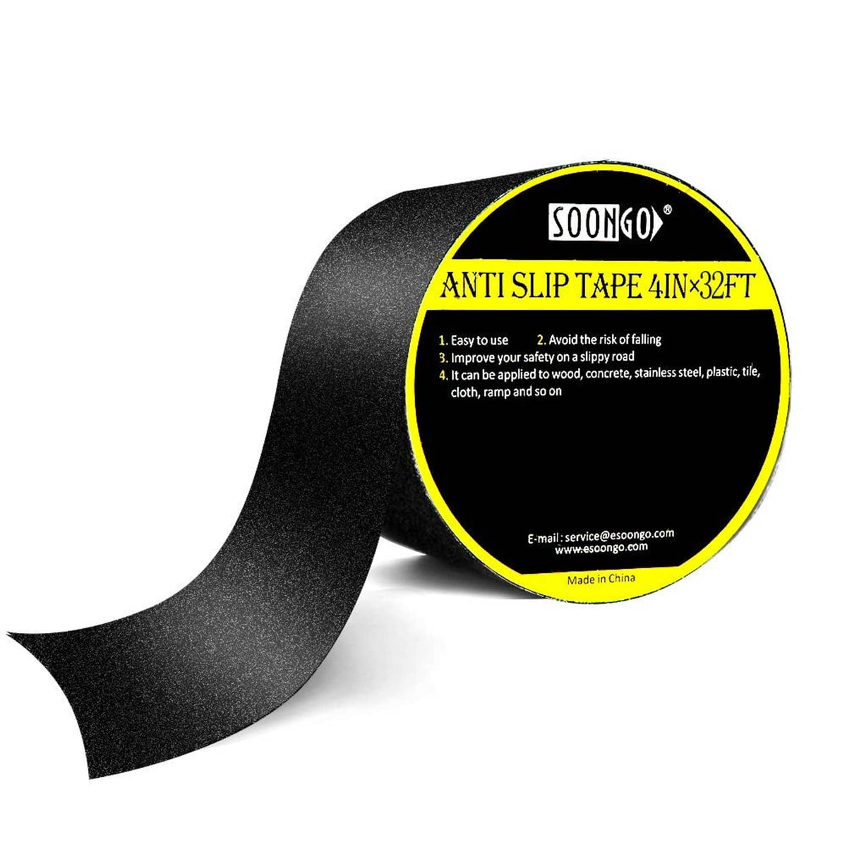 Anti-slip grip tape roll, black textured strip with yellow label