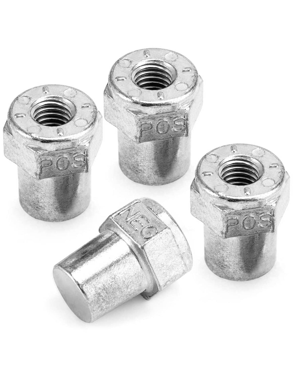 Zinc alloy battery terminal nuts set: POS and NEG marked, 2 pairs.