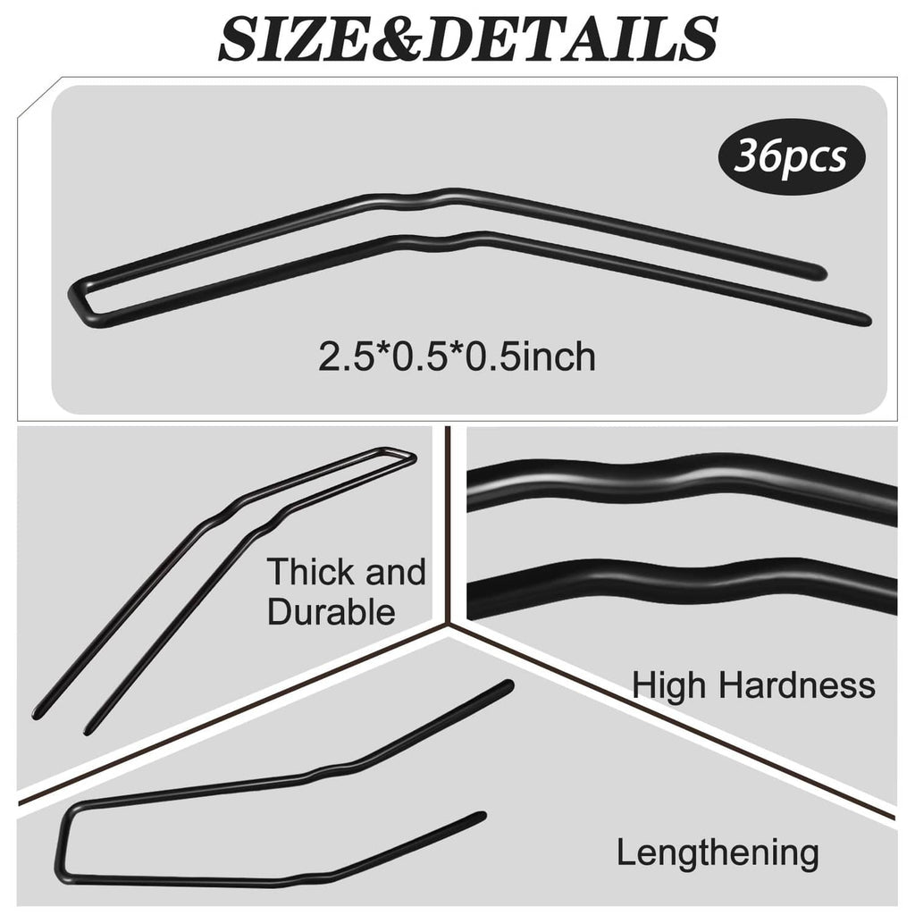 Black U-shaped hairpins, 2.5-inch size details card with two pins shown