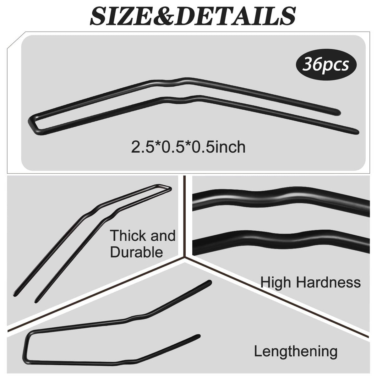 Black U-shaped hairpins, 2.5-inch size details card with two pins shown