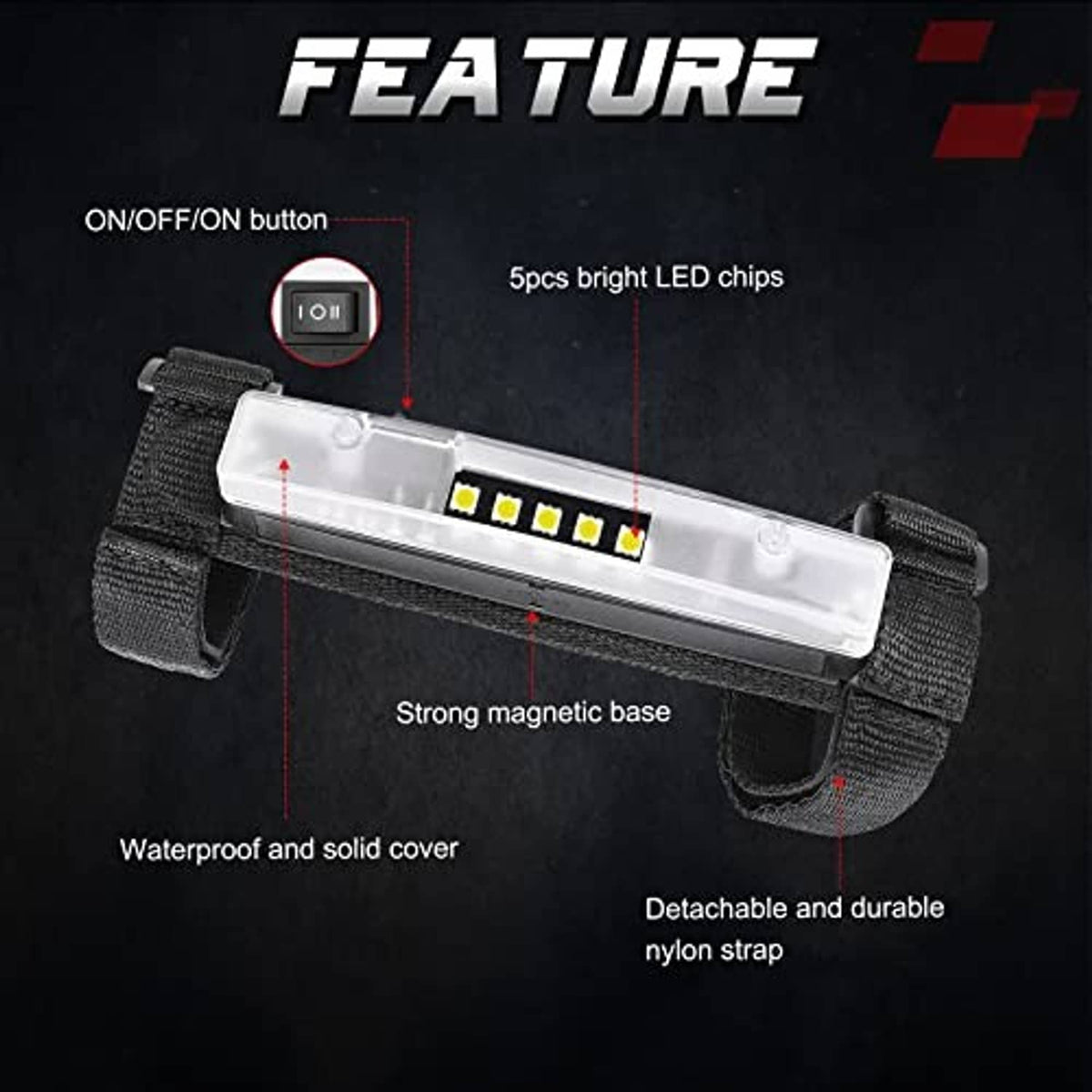 Roll-cage LED light bar with switch, clear cover, 5 bright LED chips, nylon straps