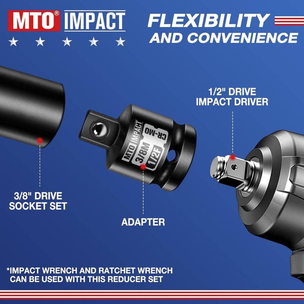 Black 3/8 in drive socket set and adapter, for 1/2 in drive impact tools