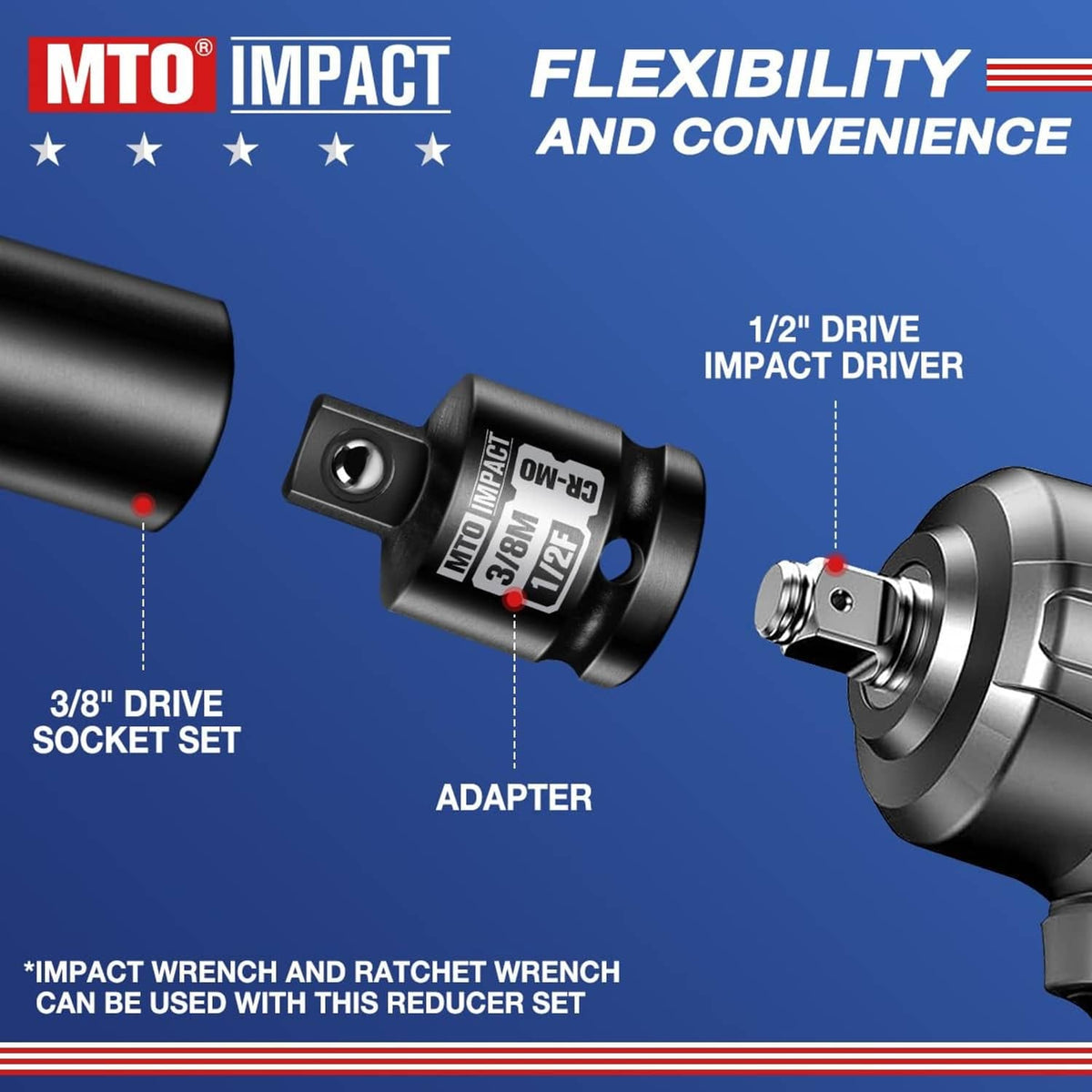 Black 3/8 in drive socket set and adapter, for 1/2 in drive impact tools