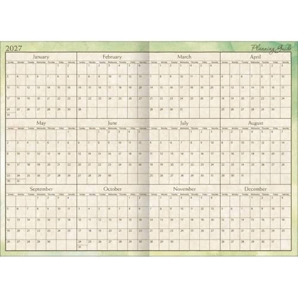 Year-at-a-glance planner page with month grid for 2027, January through December