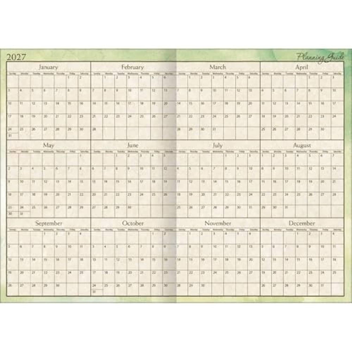 Year-at-a-glance planner page with month grid for 2027, January through December