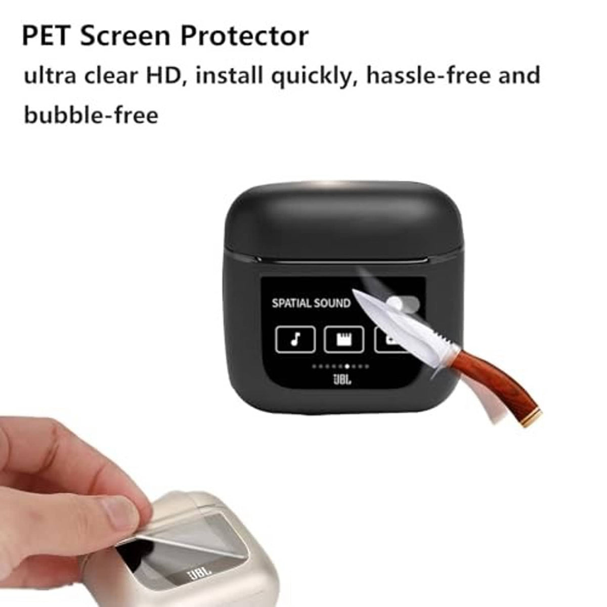 Black earbuds charging case with PET screen protector on top, clear HD film shown