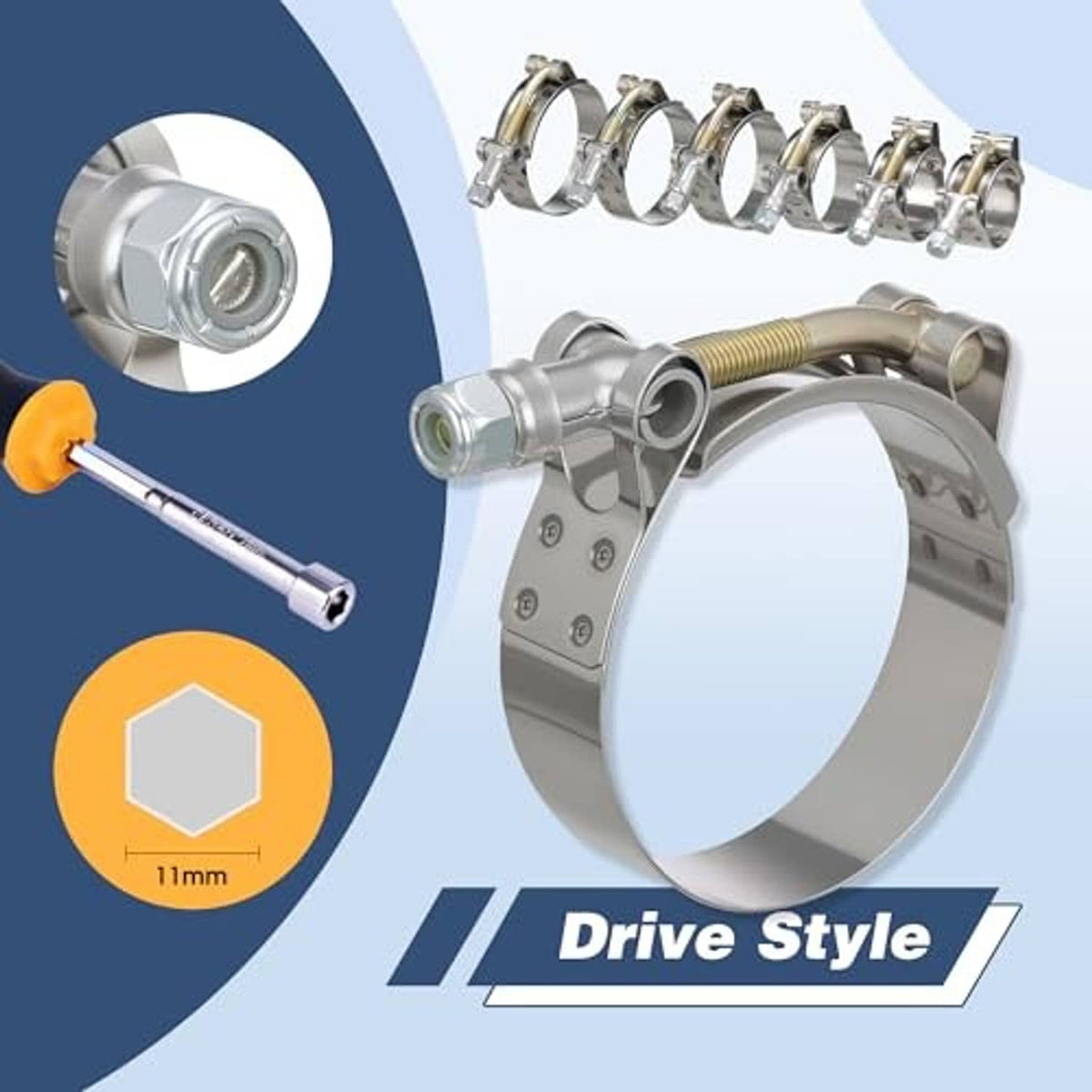 T-bolt hose clamp with hex drive bolt and spring-loaded screw band