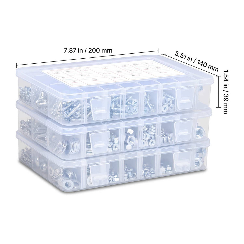 Stacked clear plastic storage boxes with compartments for bolts and hex nuts