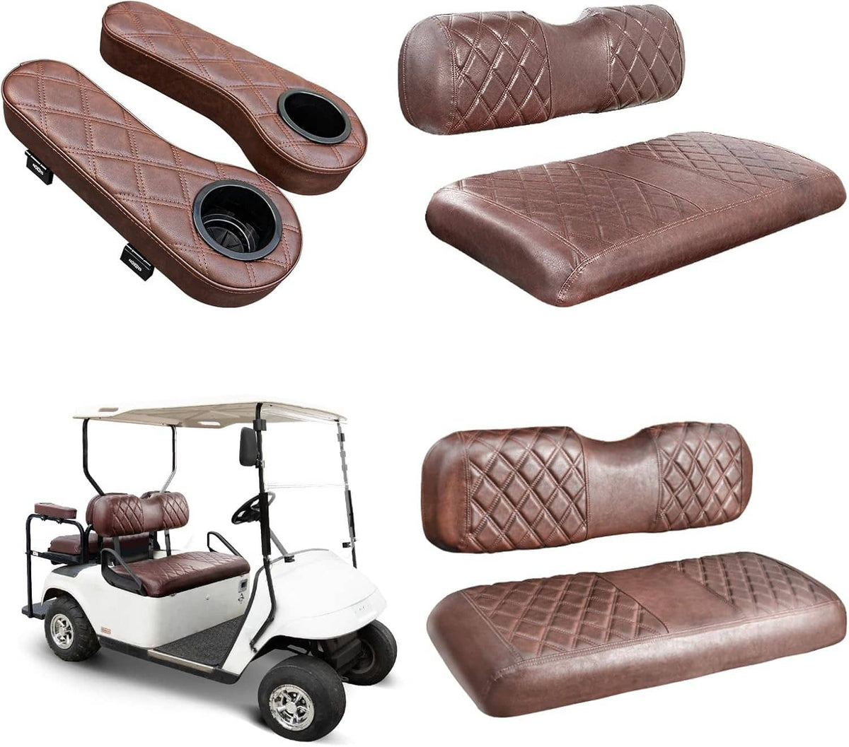 Brown quilted golf cart seat cover set with padded armrests and cup holders