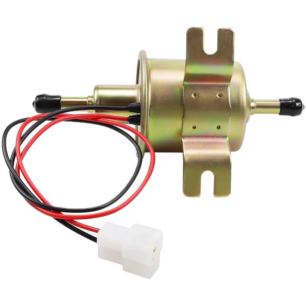 12V electric fuel pump with gold mounting bracket and white electrical connector, red/black wires