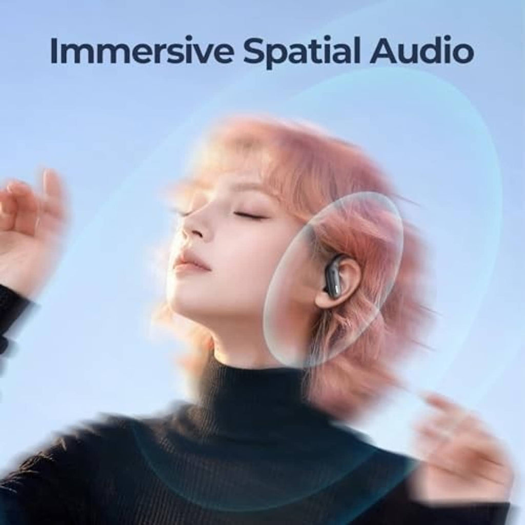 Black wireless earbuds worn during listening, surround audio effect illustration