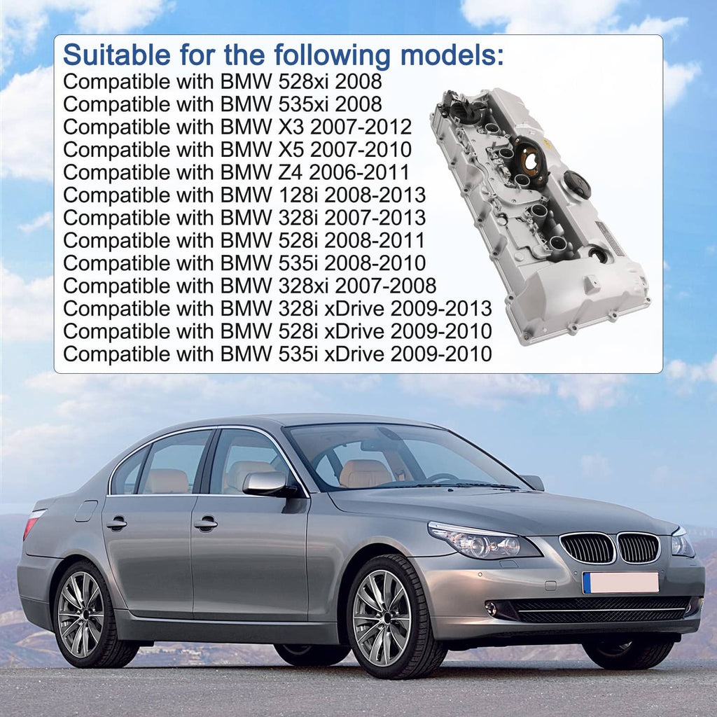 Aluminum engine valve cover close-up inset on compatibility banner