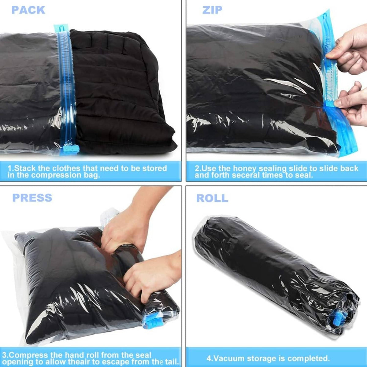 Vacuum compression bag shown being packed, pressed flat, and rolled for storage