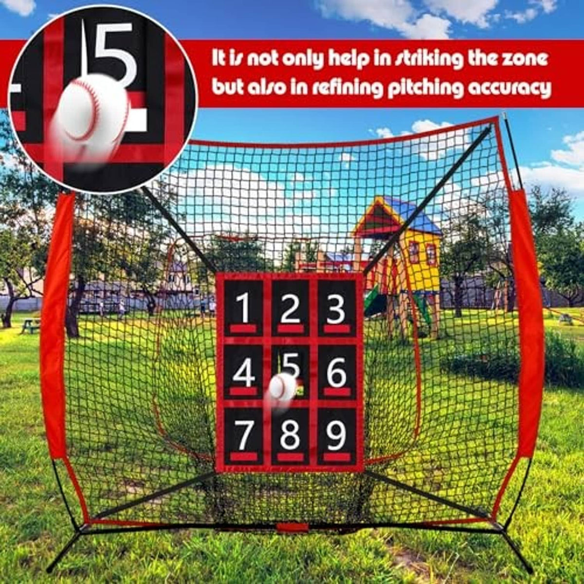Baseball pitching target net with centered red-and-black 1-9 grid inside mesh