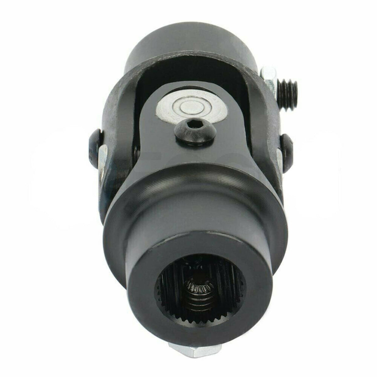 Black steering U-joint shaft end view with splined coupling and mounting hardware