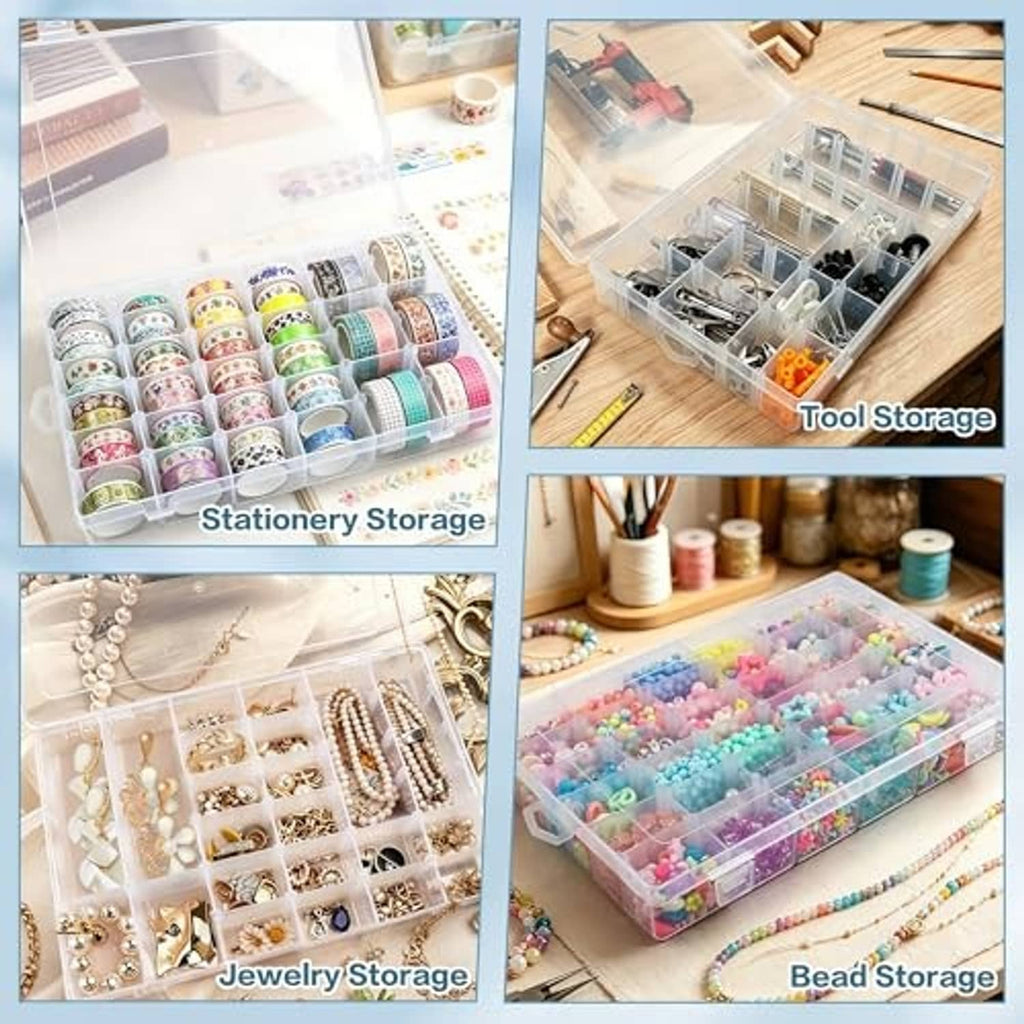 Clear plastic storage boxes showing organized compartments for jewelry, beads, and stationery