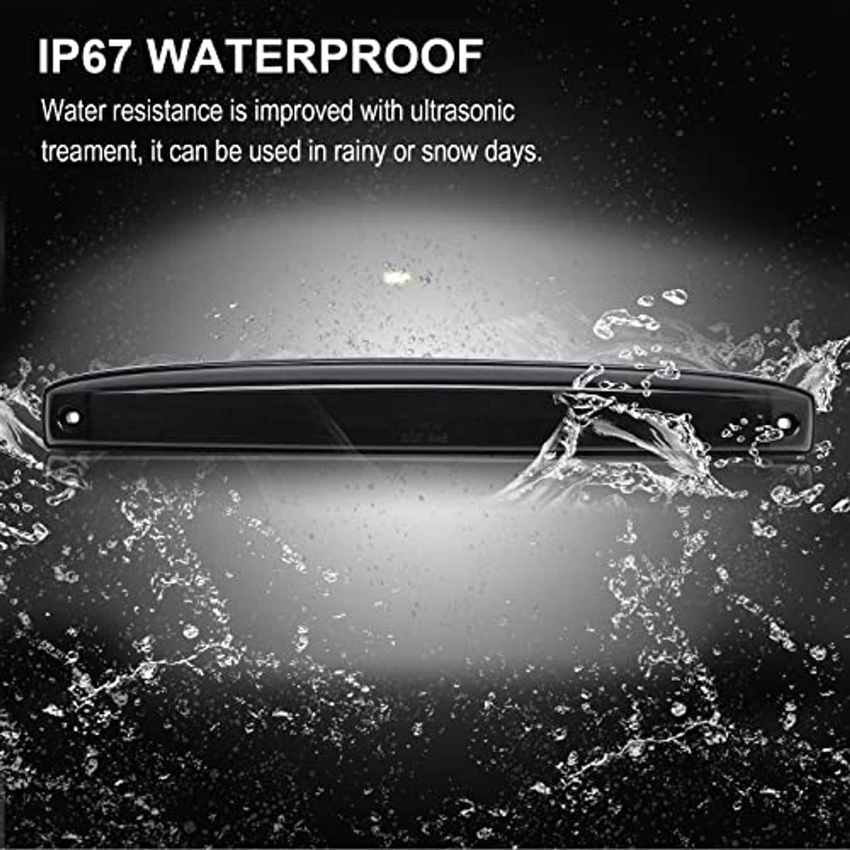 Smoked red LED tailgate light bar with water droplets, black housing