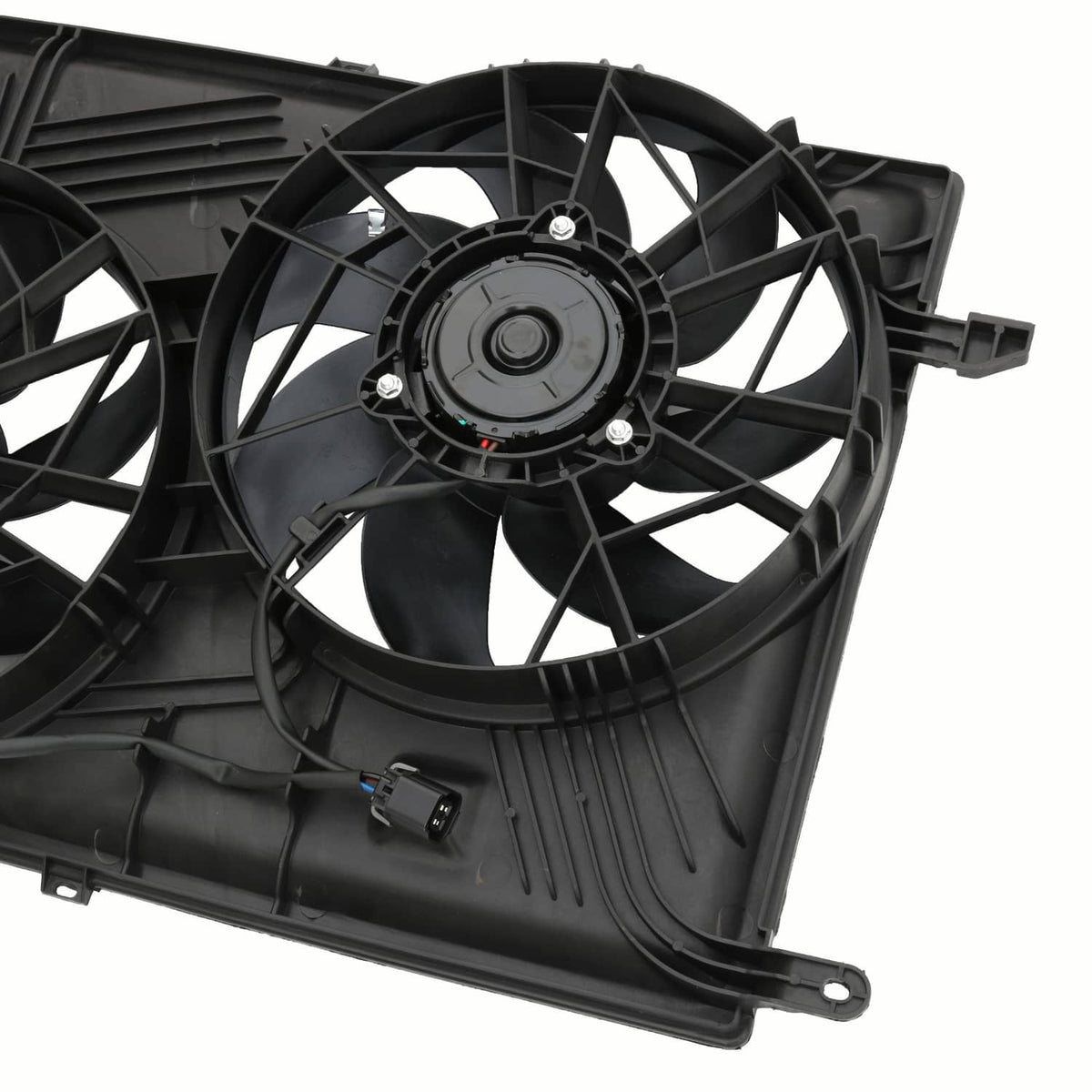 Dual radiator cooling fan with black shroud and multi-blade electric motor hub