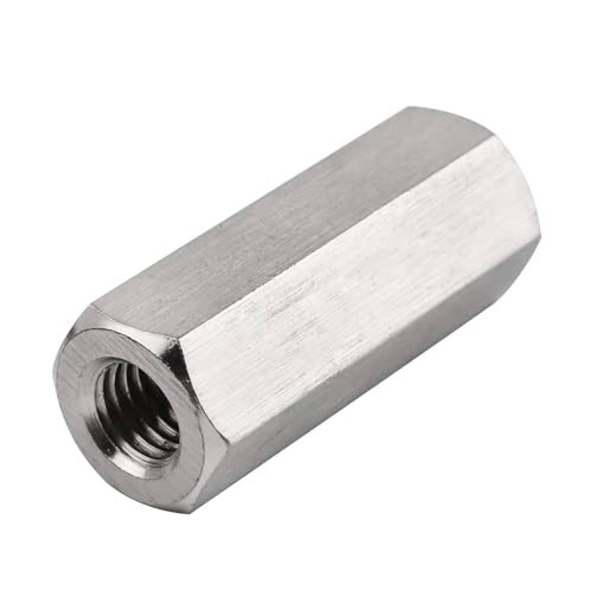 Single M10 stainless steel hex coupling nut with internal threads, 30mm length