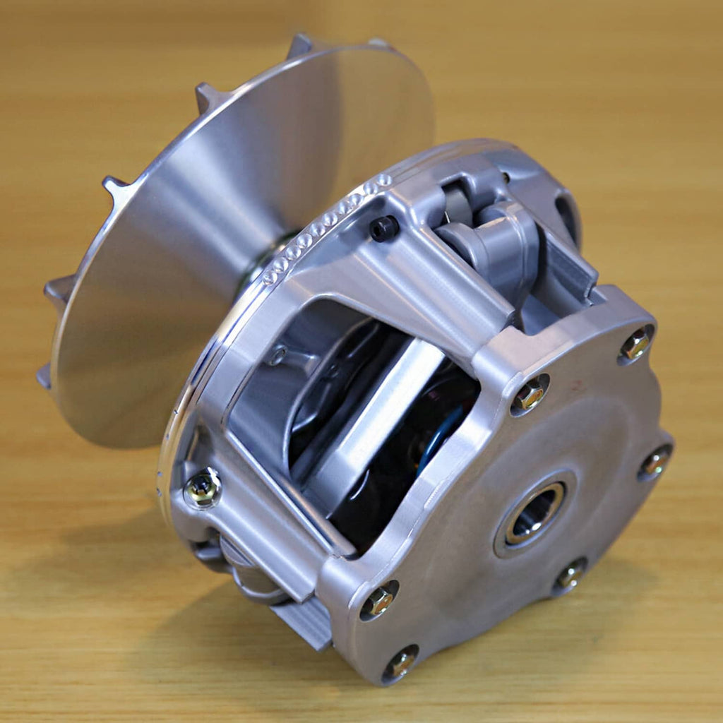 Silver primary drive clutch kit angled back view with vented cover and side ports